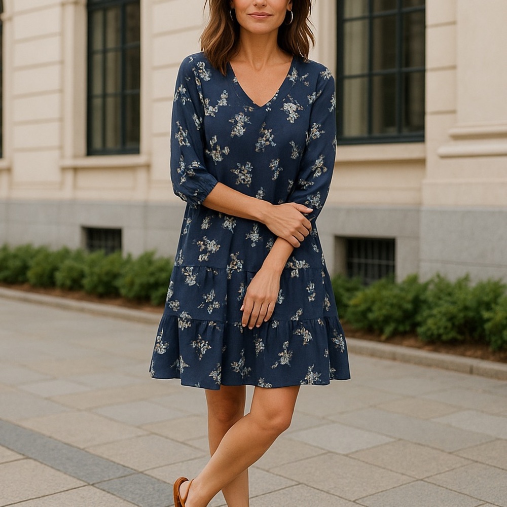 Garnet Hill Floral Navy Tiered Silk Dress Size 0 Summer Office‎ Feminine